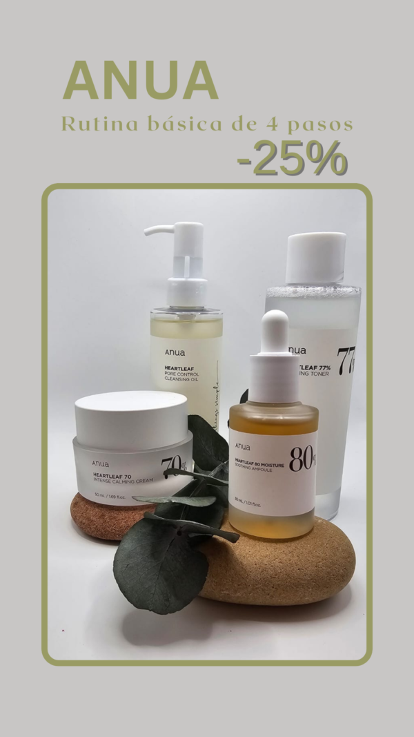 ANUA <br> RUTINA BÁSICA <br> DESMAQUILLANTE+ <br> TÓNICO+SÉRUM+ <br> HIDRATANTE